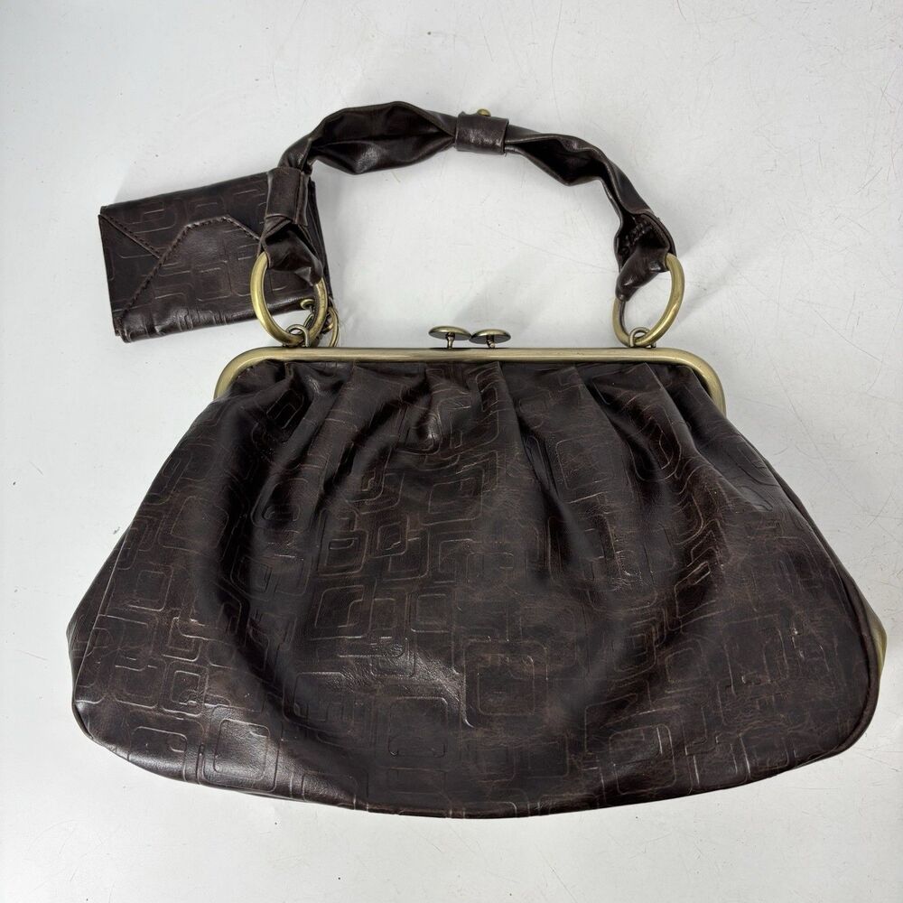 Nine West Brown Embossed Kiss Lock Frame Satchel Handbag Purse Retro Y2K